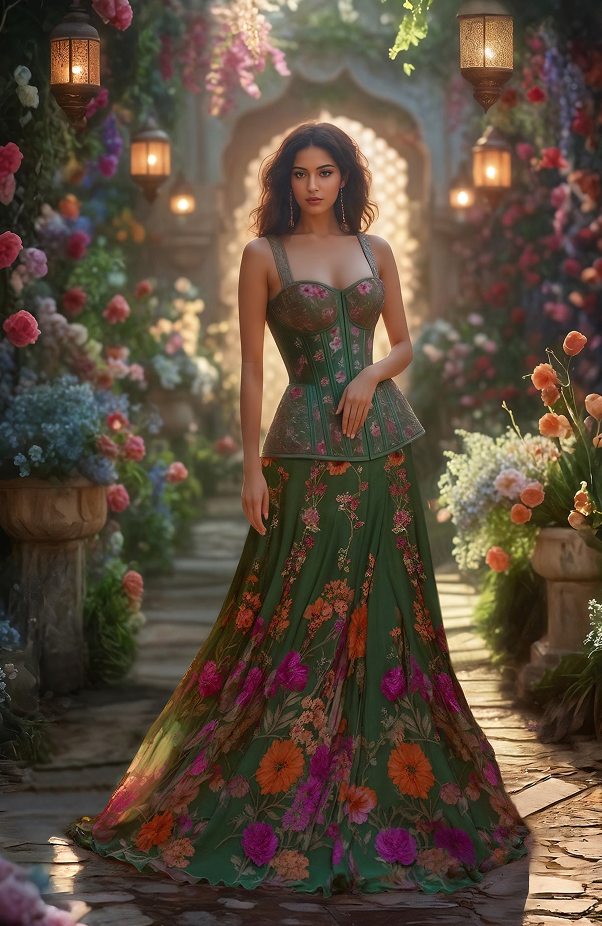 Green corset lehenga with floral embroidery and a voluminous skirt featuring pink and gold motifs