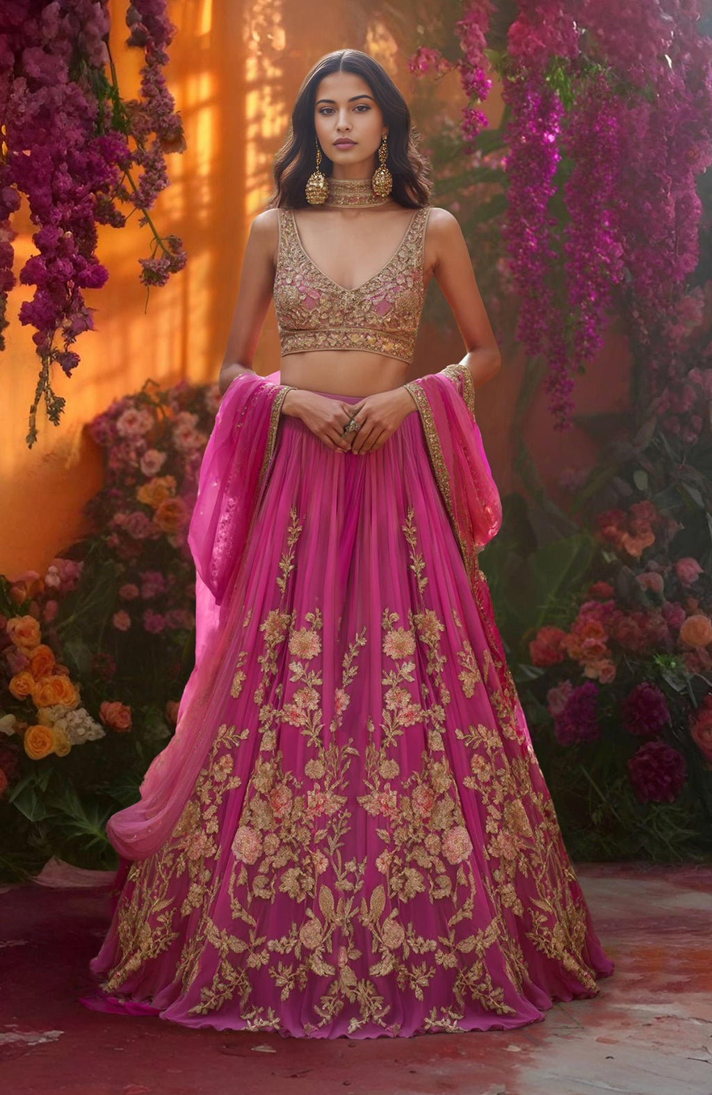 Fuchsia lehenga with gold floral embroidery, sleeveless gold blouse, and sheer dupatta with sequin border.