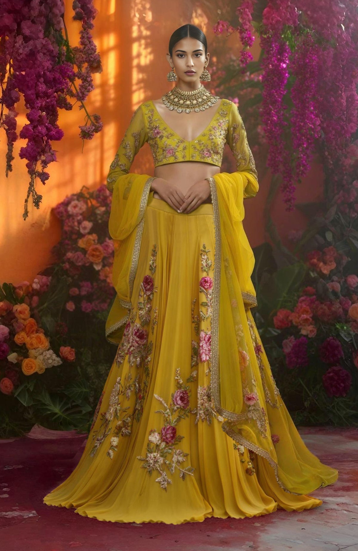Marigold yellow lehenga set with floral embroidery, sheer long sleeves, and gold-bordered dupatta.