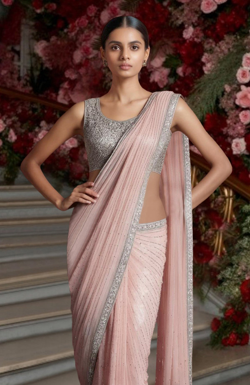 Blush pink chiffon saree with silver sequin embroidery and sleeveless silver-sequined blouse.