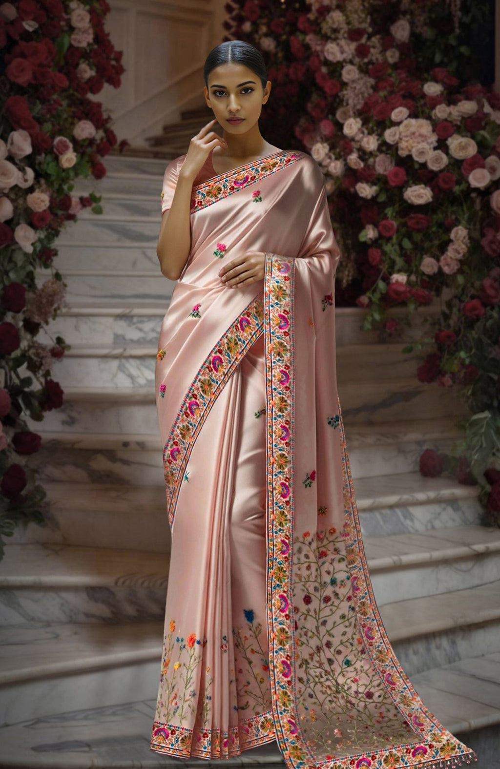 Blush pink saree with intricate Kashidakari floral embroidery along the border and pallu.