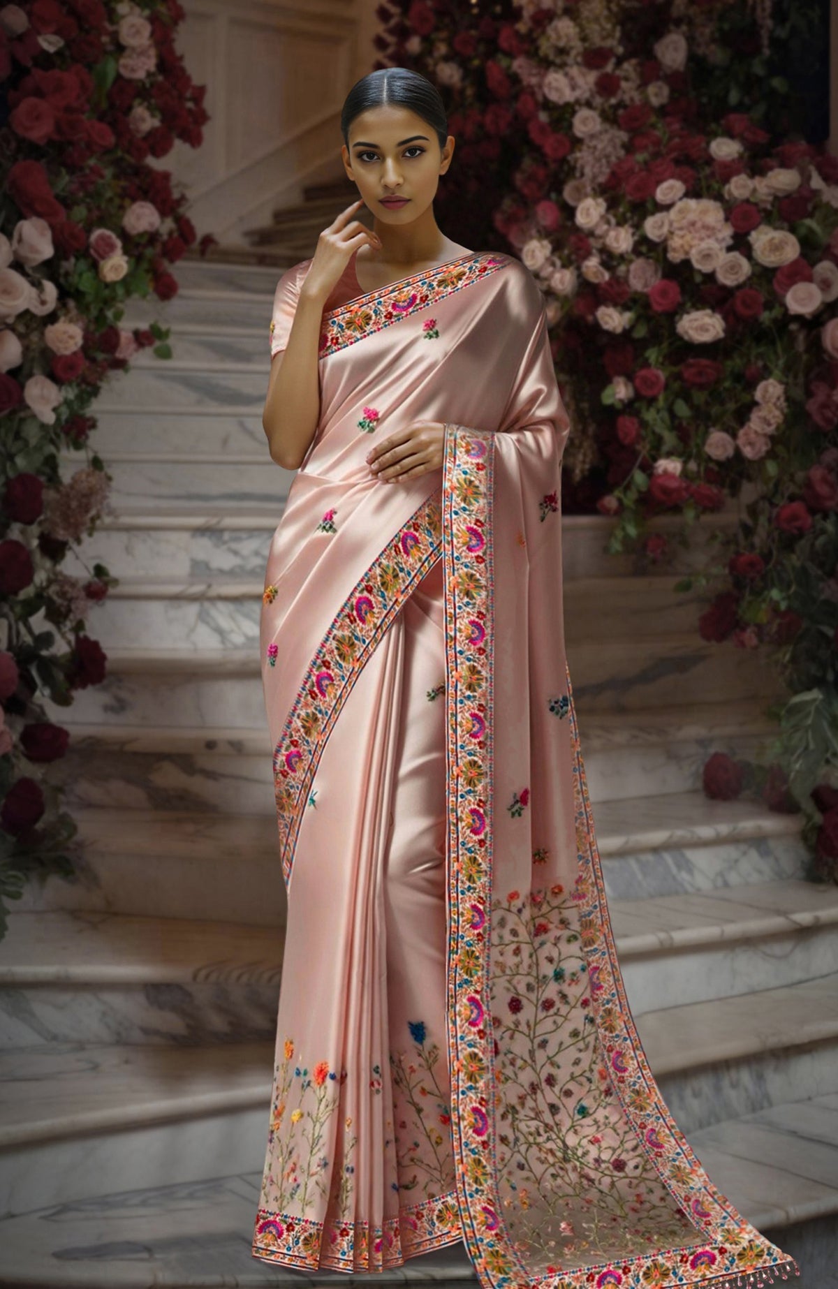 Blush pink saree with intricate Kashidakari floral embroidery along the border and pallu.
