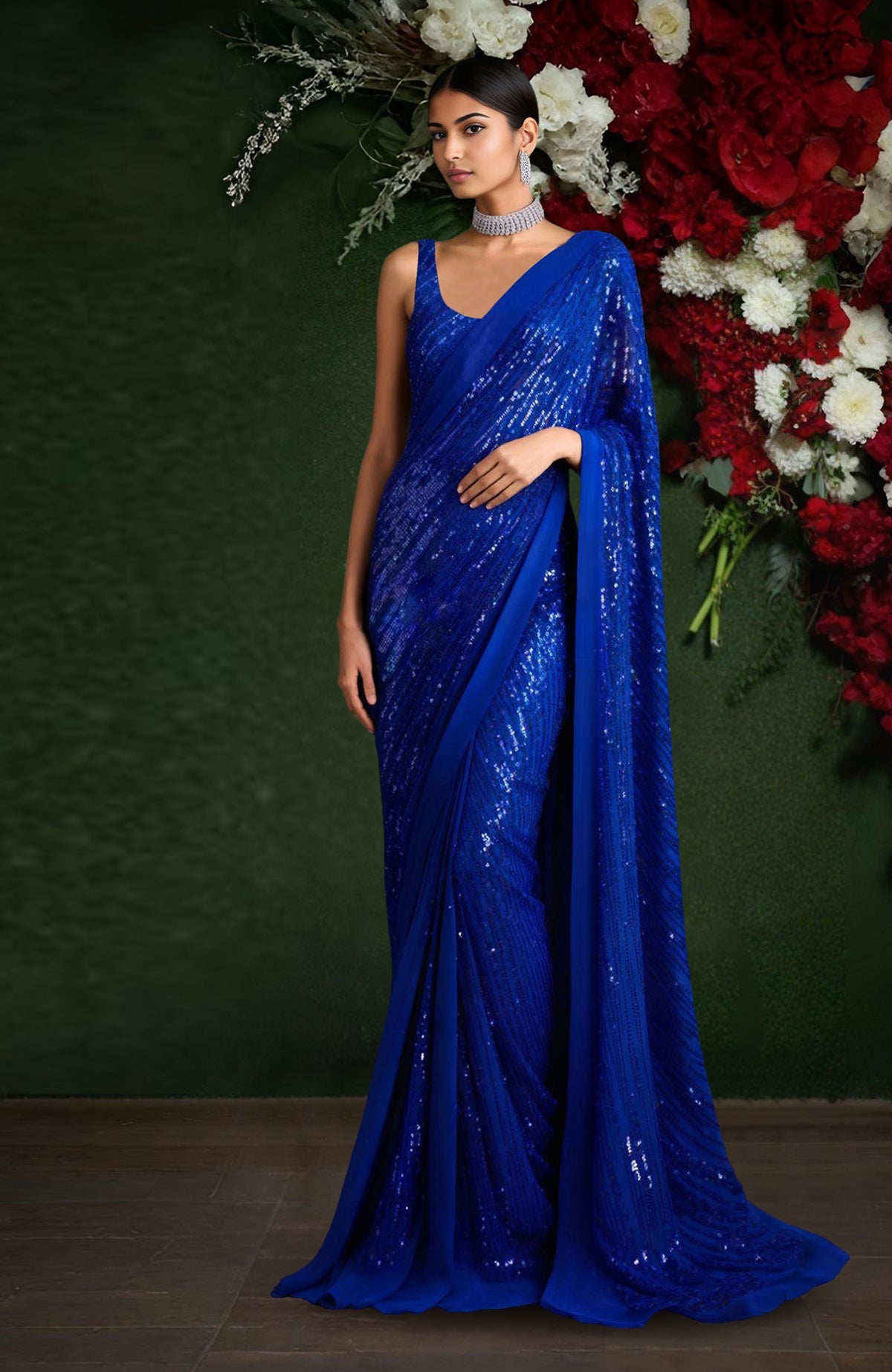 Rich blue saree with diagonal sequin embroidery and sleeveless scoop neck blouse.
