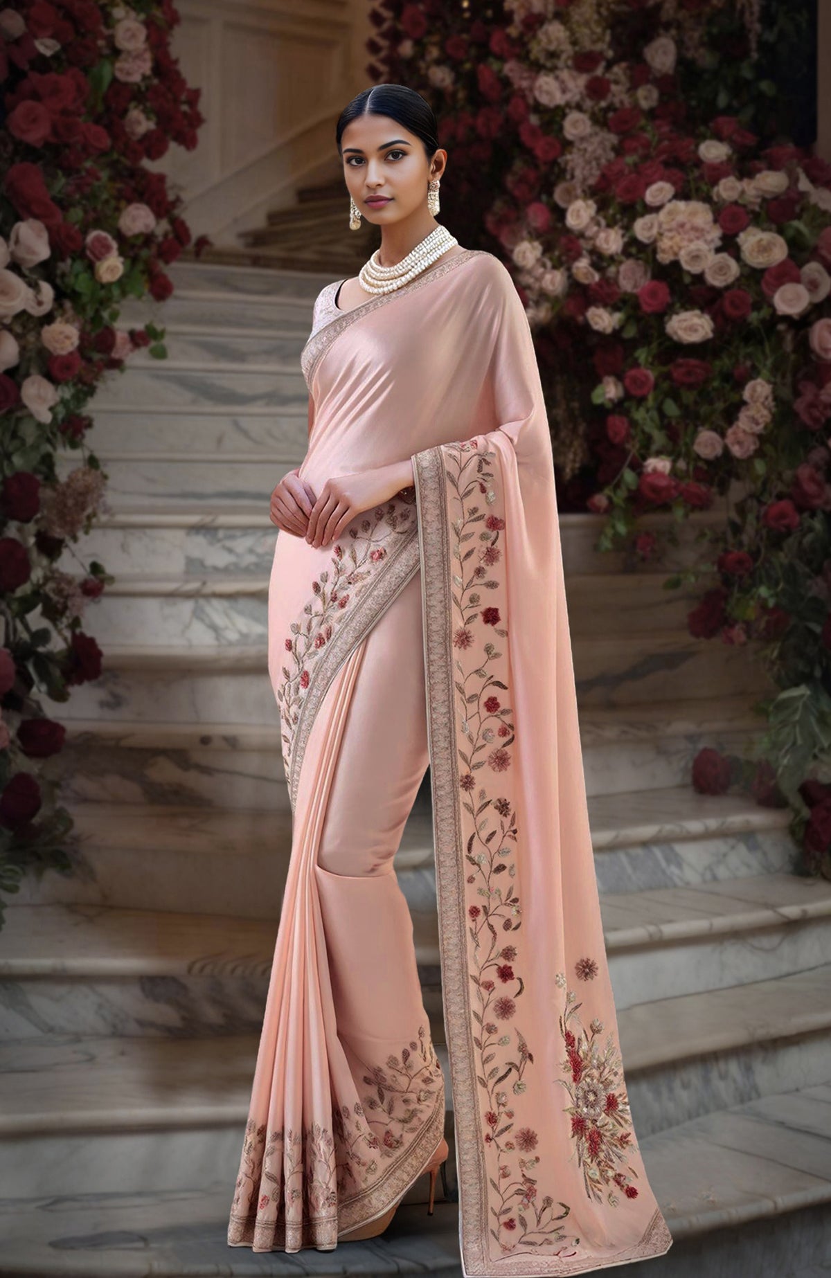 Blush pink saree with Parsi Gara bead and sequin floral embroidery on border and pallu