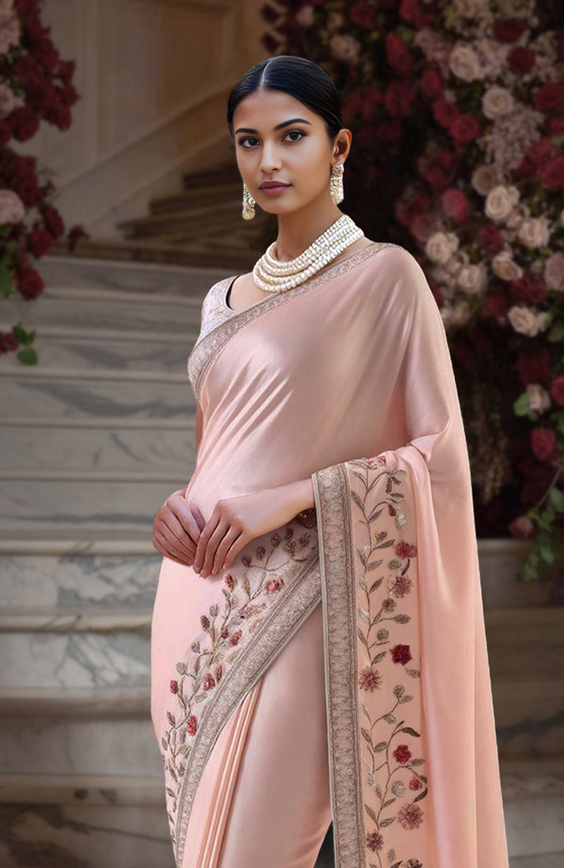 Blush pink saree with Parsi Gara floral and vine embroidery in earthy tones on border and pallu