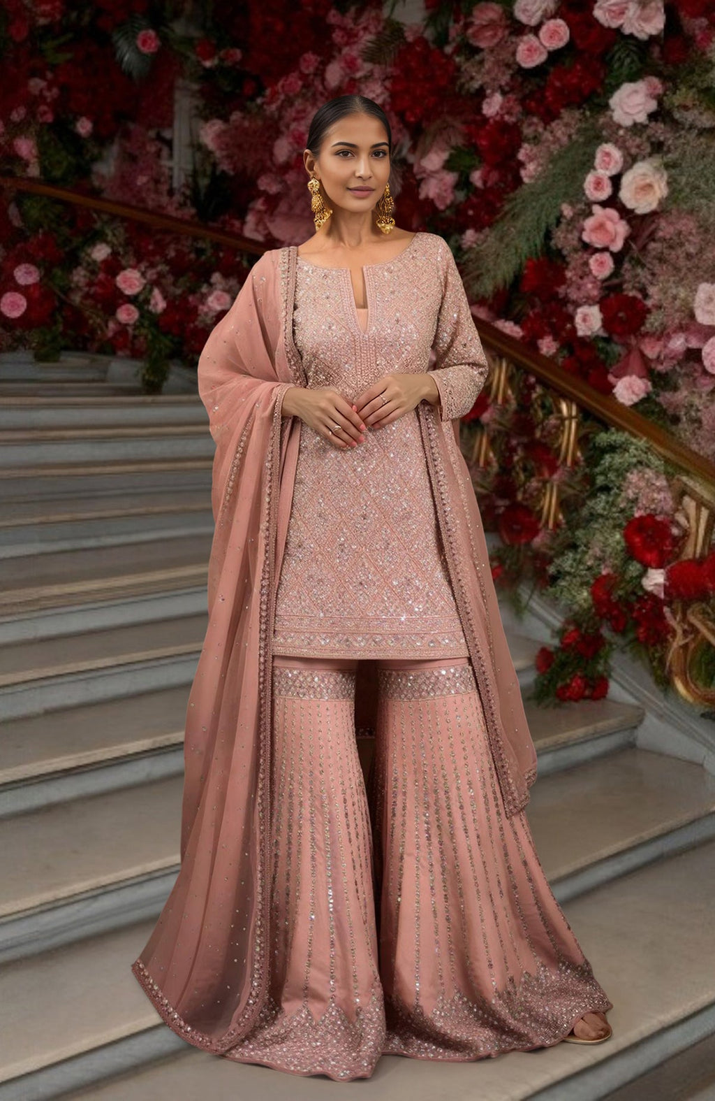 Blush pink gharara set with sequin and zardozi embroidery, floral patterns, and matching dupatta.