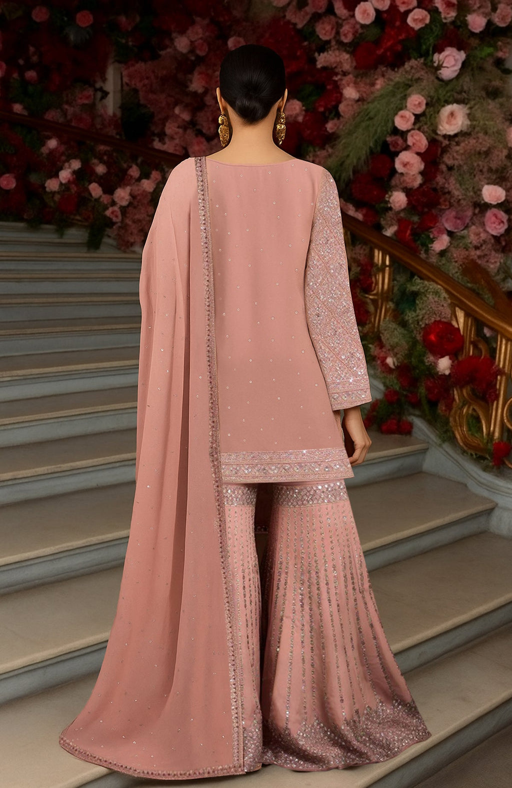 Blush pink gharara set with sequin and zardozi embroidery on kurta and flared pants.