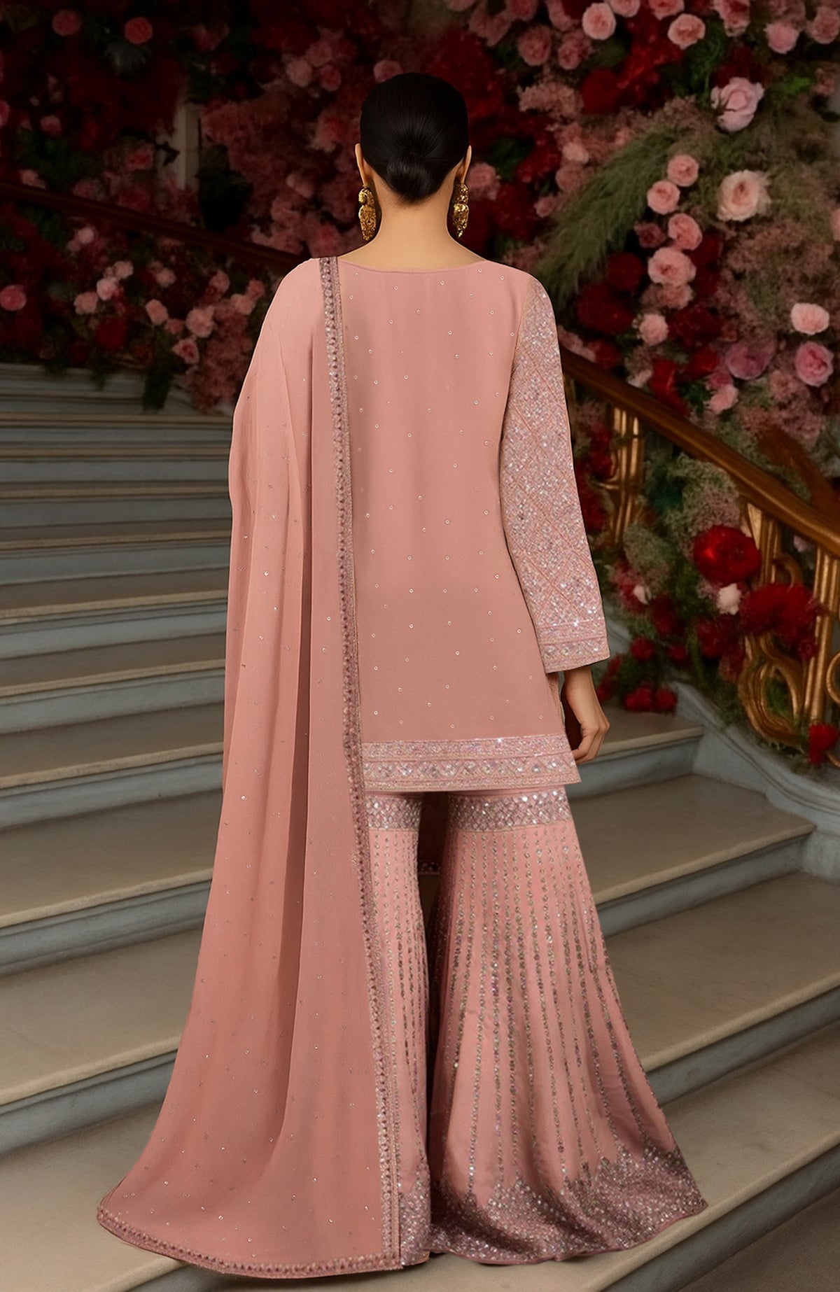 Blush pink gharara set with sequin and zardozi embroidery on kurta and flared pants.