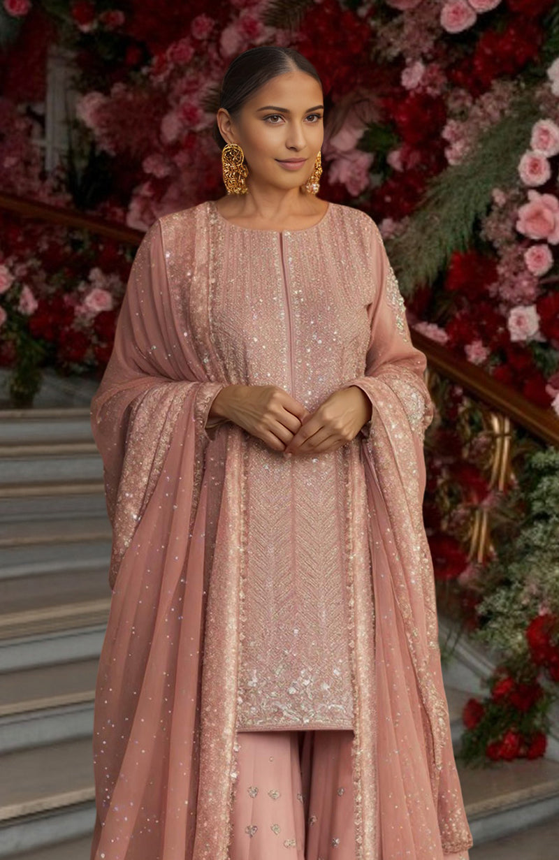 Blush pink sharara set with sequin and zardozi embroidery and a sheer dupatta with embellished border