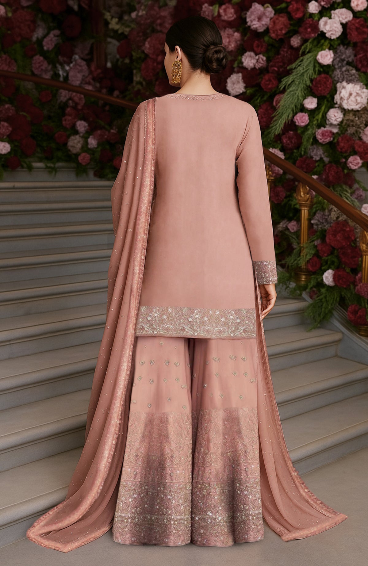 Blush pink sharara set with sequin and zardozi embroidery and a sheer dupatta with embellished border.