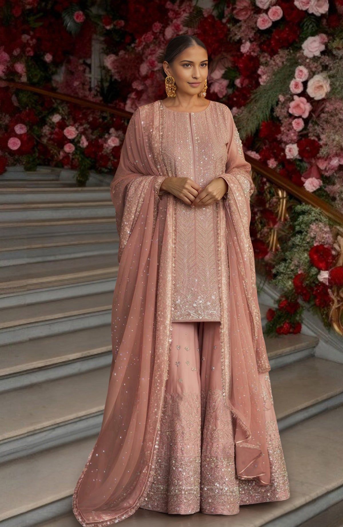 Blush pink sharara set with sequin and zardozi embroidery, featuring a straight kurta and flared pants.