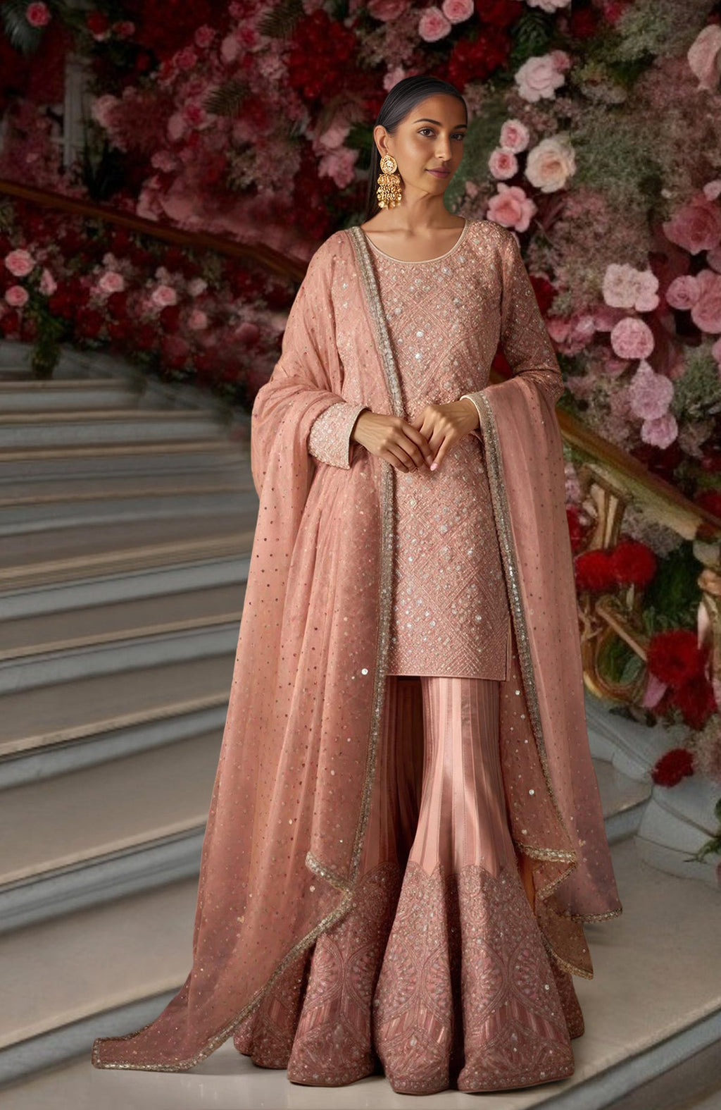Blush pink sharara set with sequin embroidery, flared pants, and sheer dupatta with embellished border
