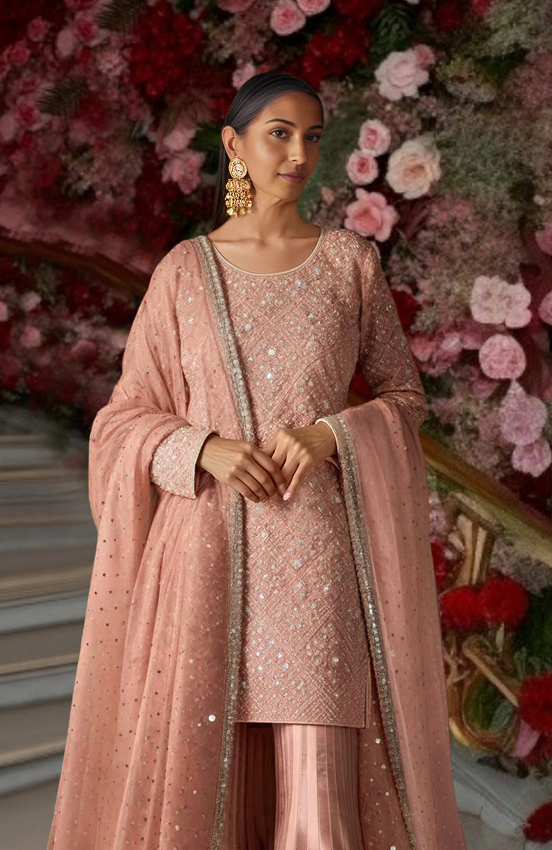 Blush pink sharara set with sequin embroidery, flared pants, and sheer dupatta with embellished border.