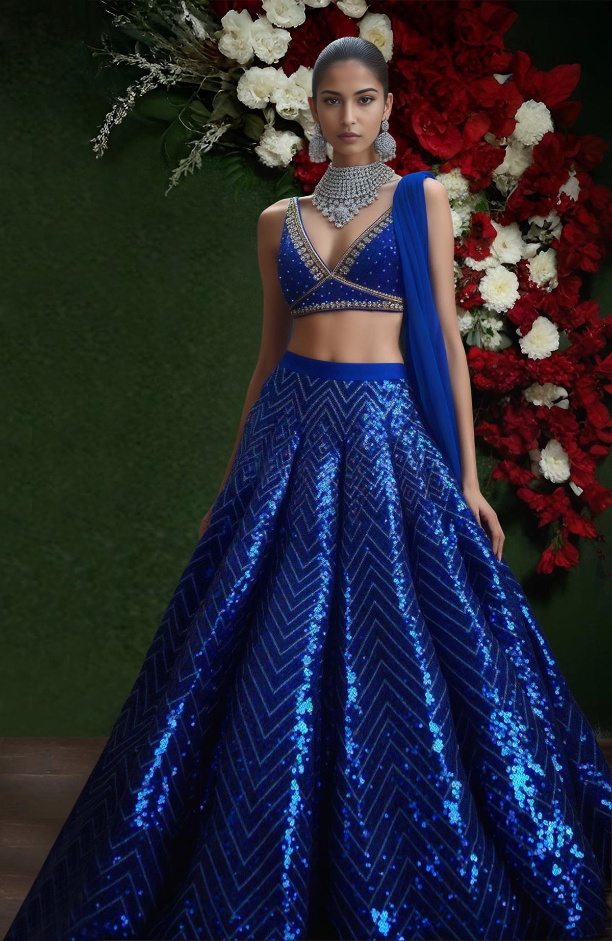 Blue lehenga set with sequin and bead embroidery, deep V-neck blouse, and sheer dupatta.