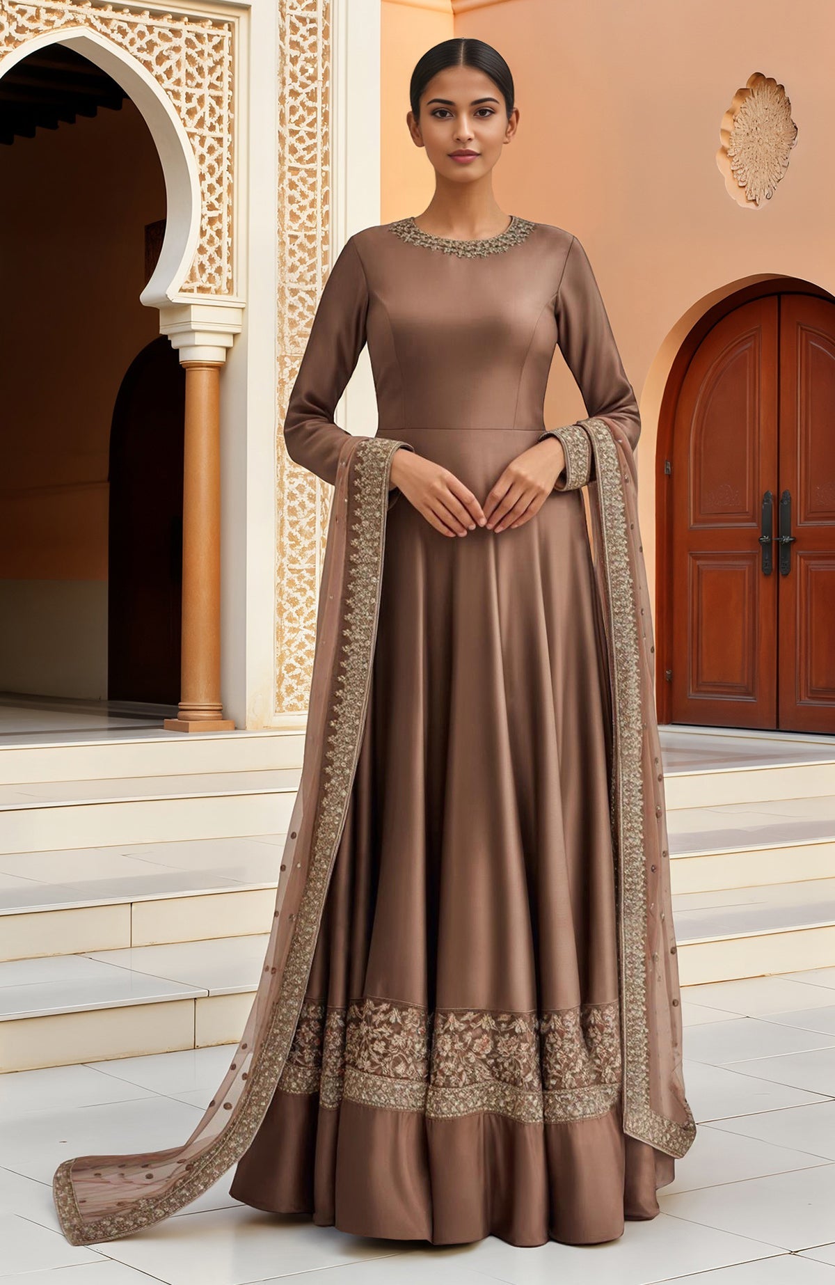 Mocha brown Anarkali set with resham bead and sequin embroidery, full sleeves, and sheer dupatta.