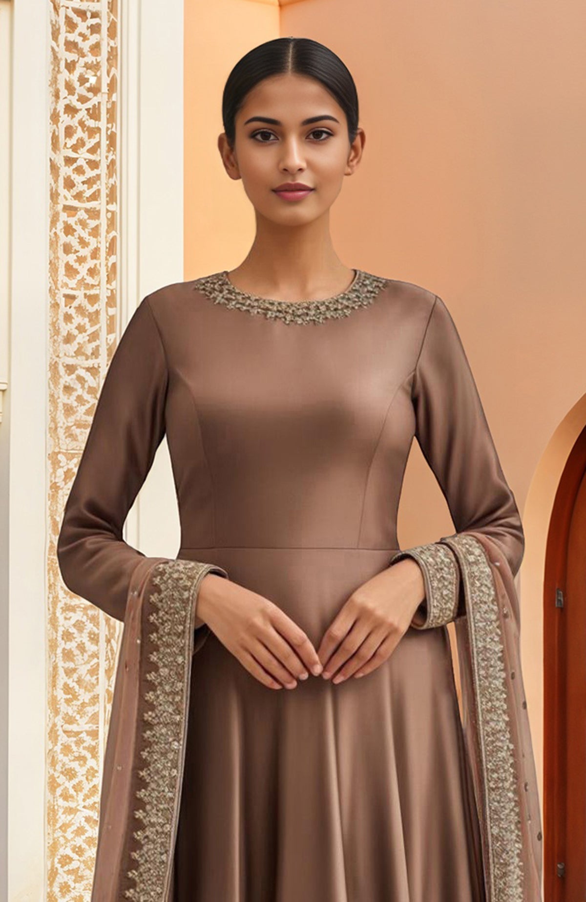 Mocha brown Anarkali set with resham bead and sequin embroidery and sheer dupatta.