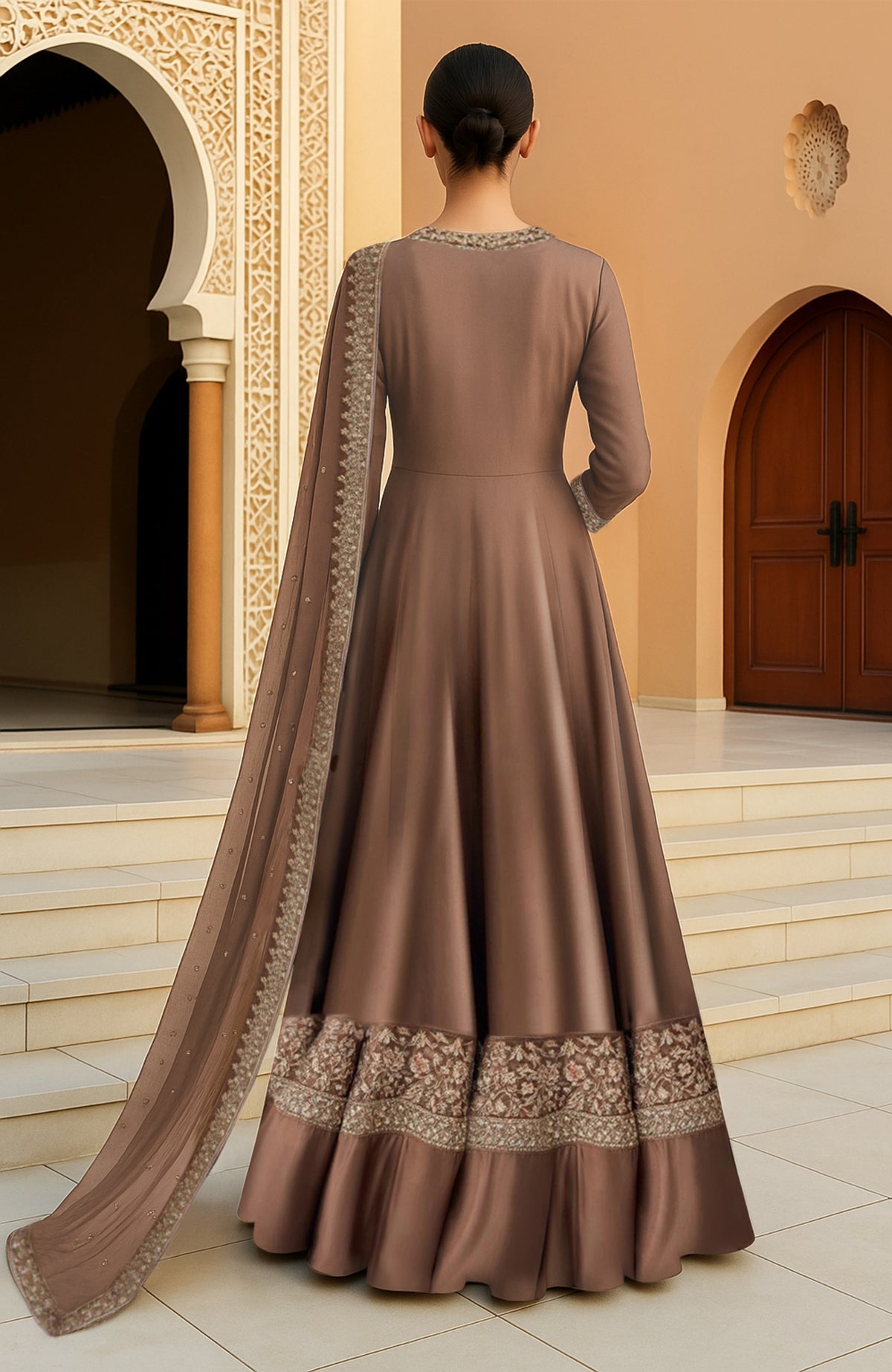 Mocha brown Anarkali set with resham bead and sequin embroidery and sheer dupatta.