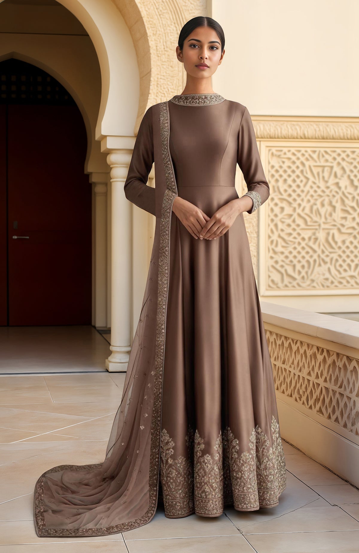 Mocha brown Anarkali dress with resham zari and sequin embroidery and full sleeves.
