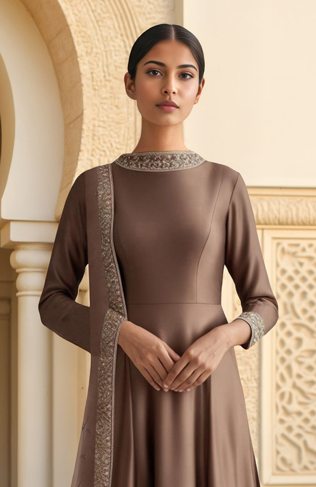 Mocha brown Anarkali set with resham zari and sequin embroidery and sheer dupatta.