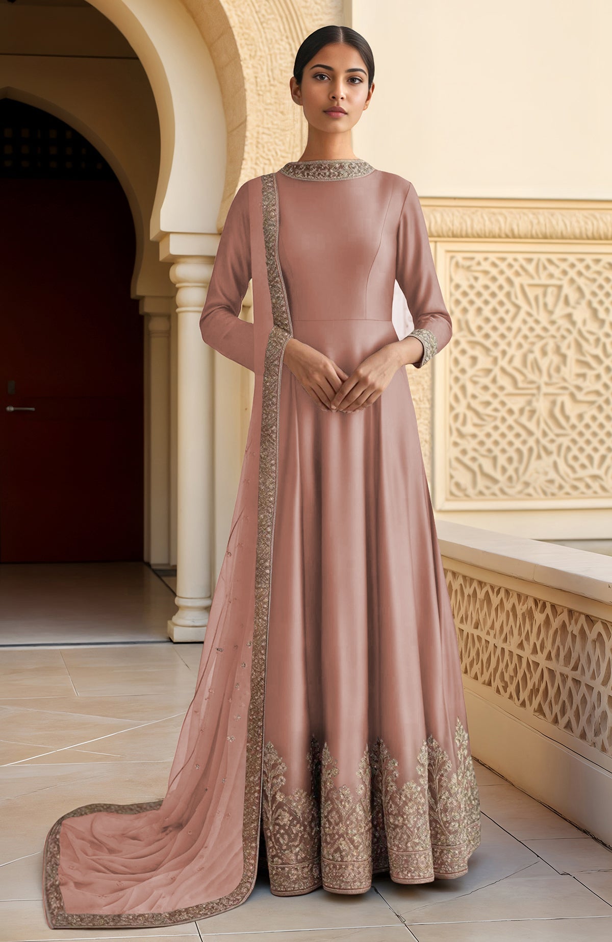 Dusty lilac Anarkali dress with full sleeves, zari and sequin embroidery, and sheer dupatta.