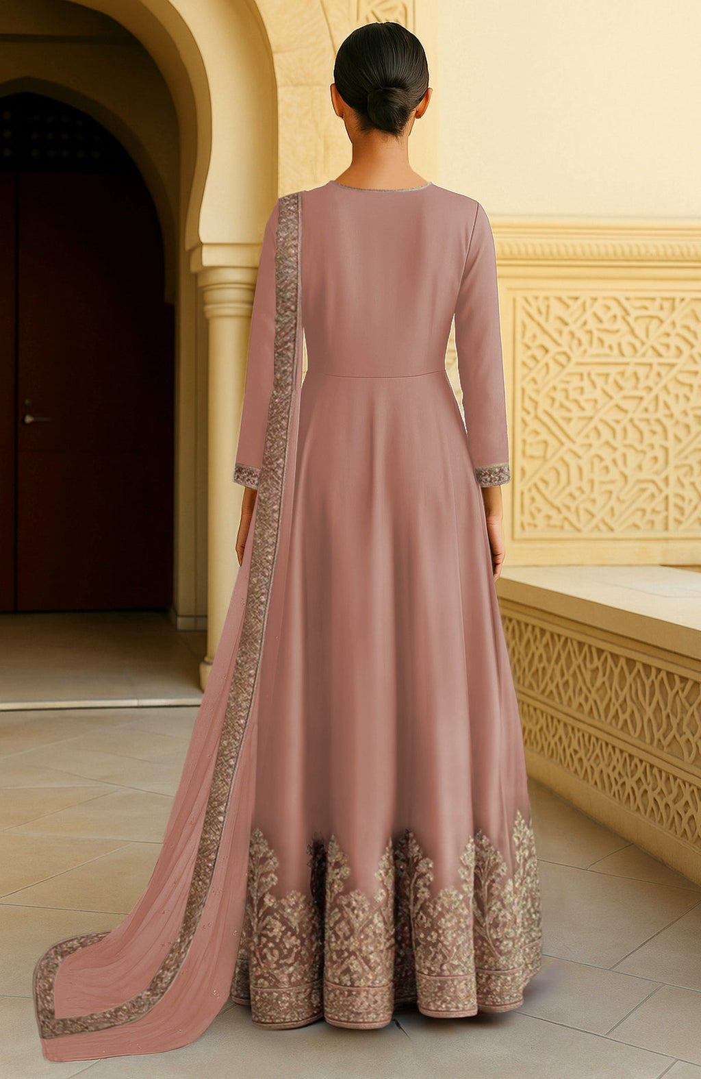 Blush pink Anarkali dress with resham zari and sequin embroidery and sheer dupatta.