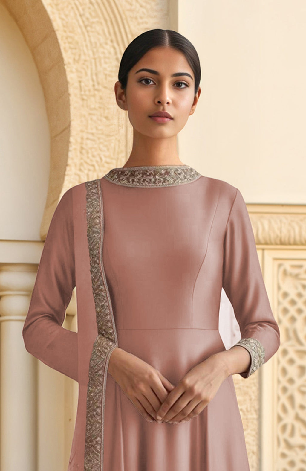Blush pink Anarkali dress with full sleeves, zari and sequin embroidery, and a sheer dupatta.