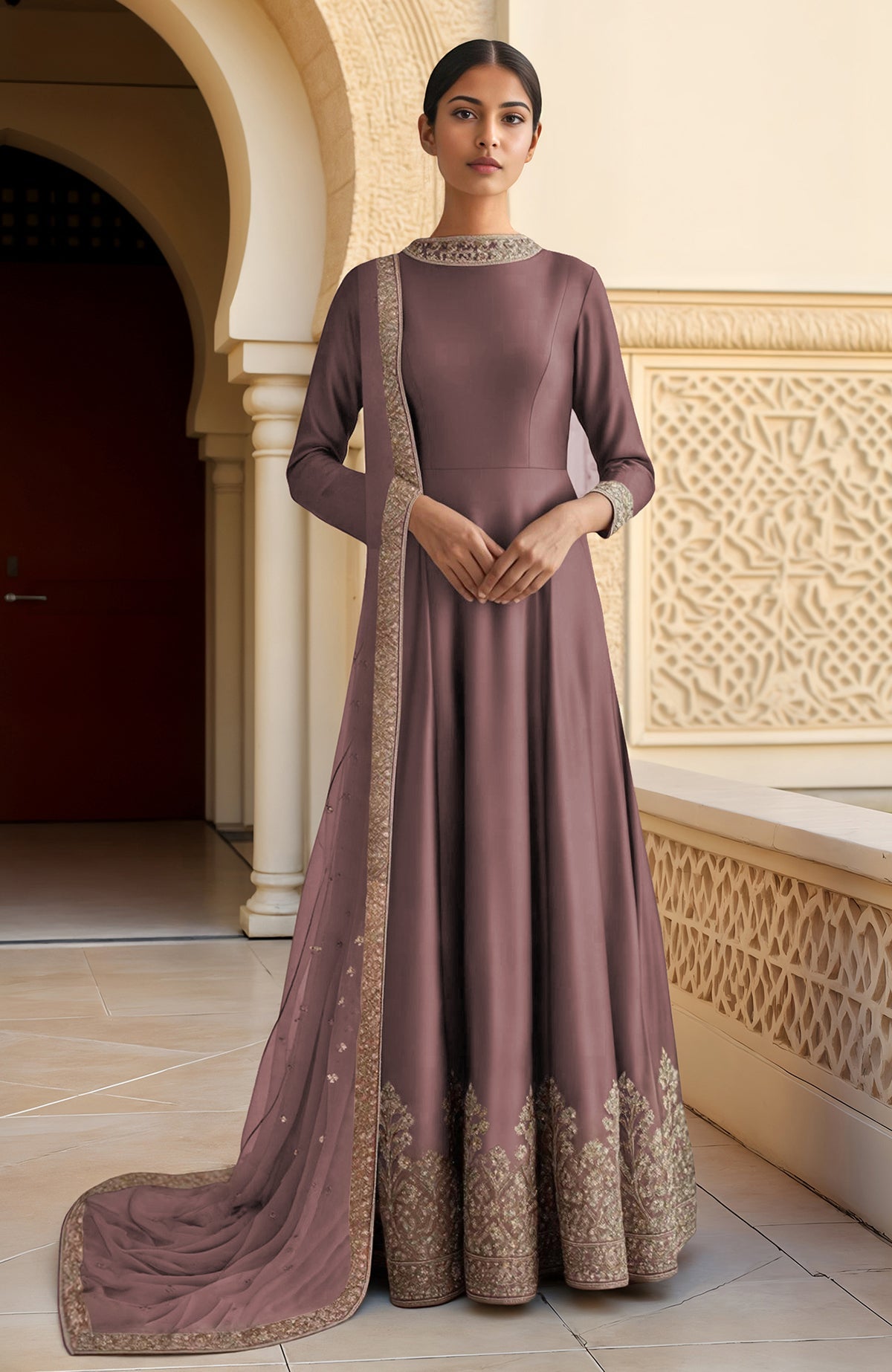 Taupe Anarkali dress with full sleeves, zari and sequin embroidery, and sheer dupatta.