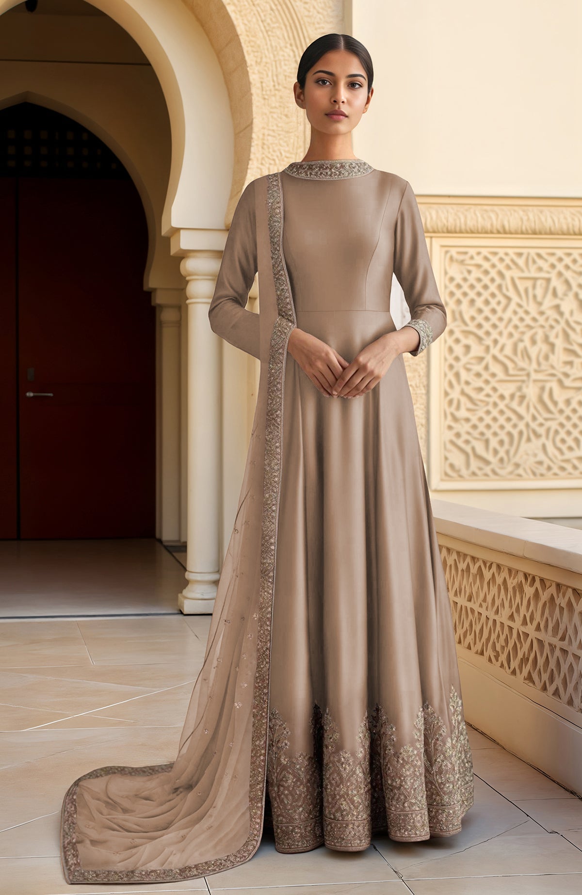 Dusty lilac Anarkali set with full sleeves, zari and sequin embroidery, and sheer dupatta.