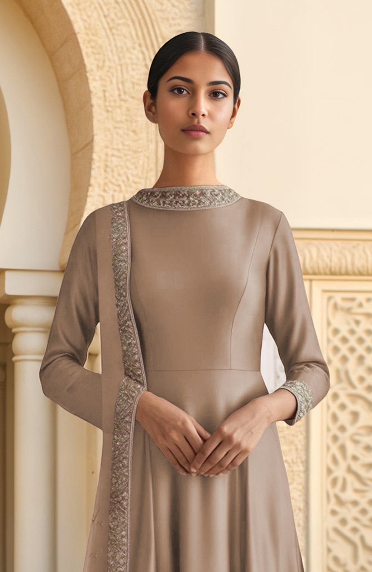 Taupe Anarkali set with full-length sleeves, zari and sequin embroidery, and sheer dupatta.