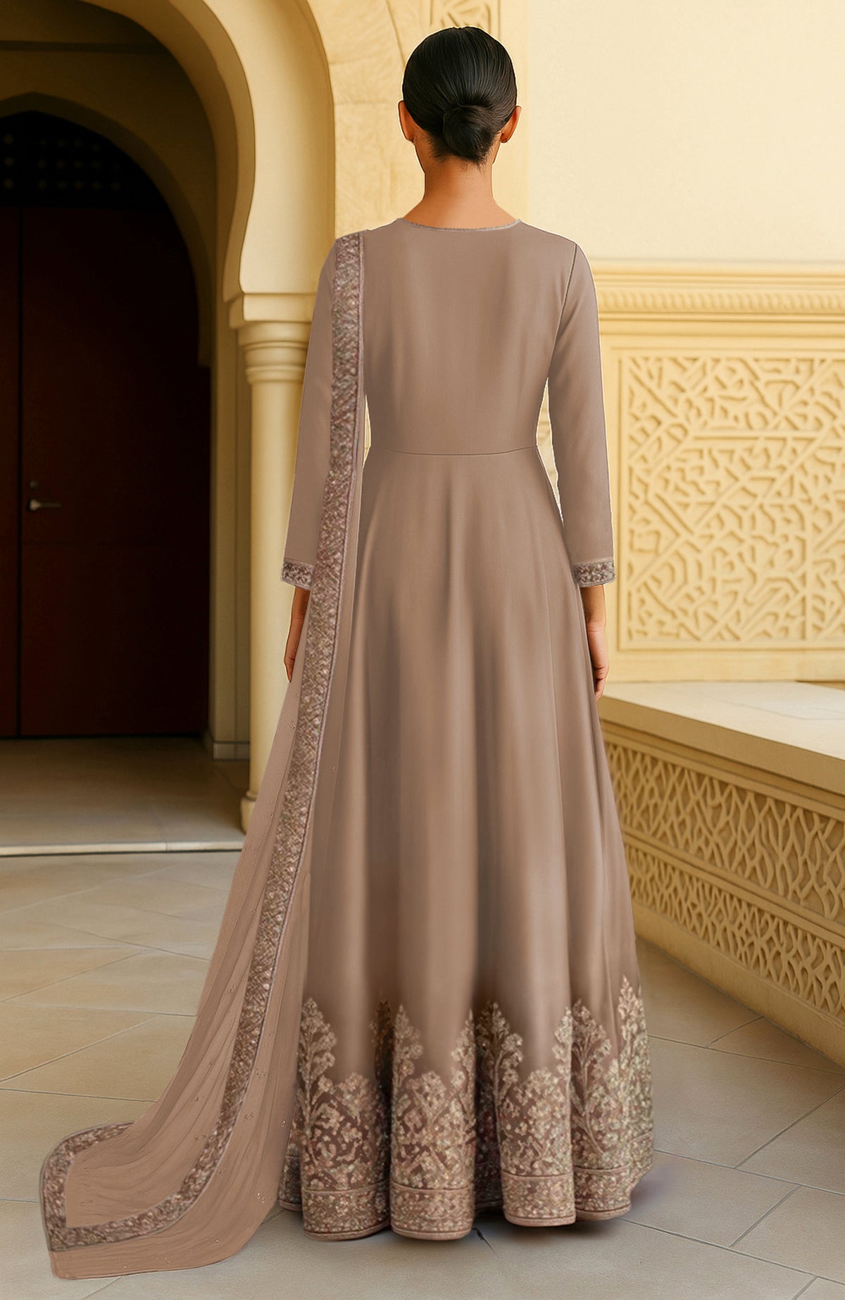 Taupe Anarkali dress with full sleeves, zari and sequin embroidery, and a sheer dupatta.