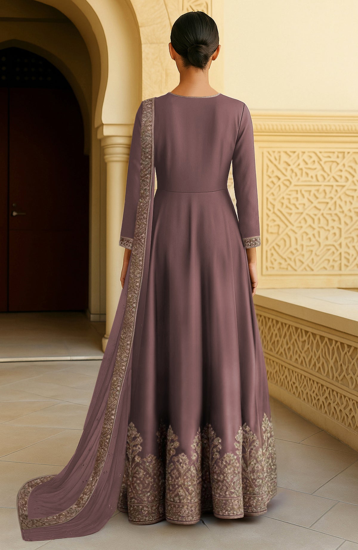 Dusty lilac Anarkali set with resham zari and sequin embroidery and sheer embroidered dupatta