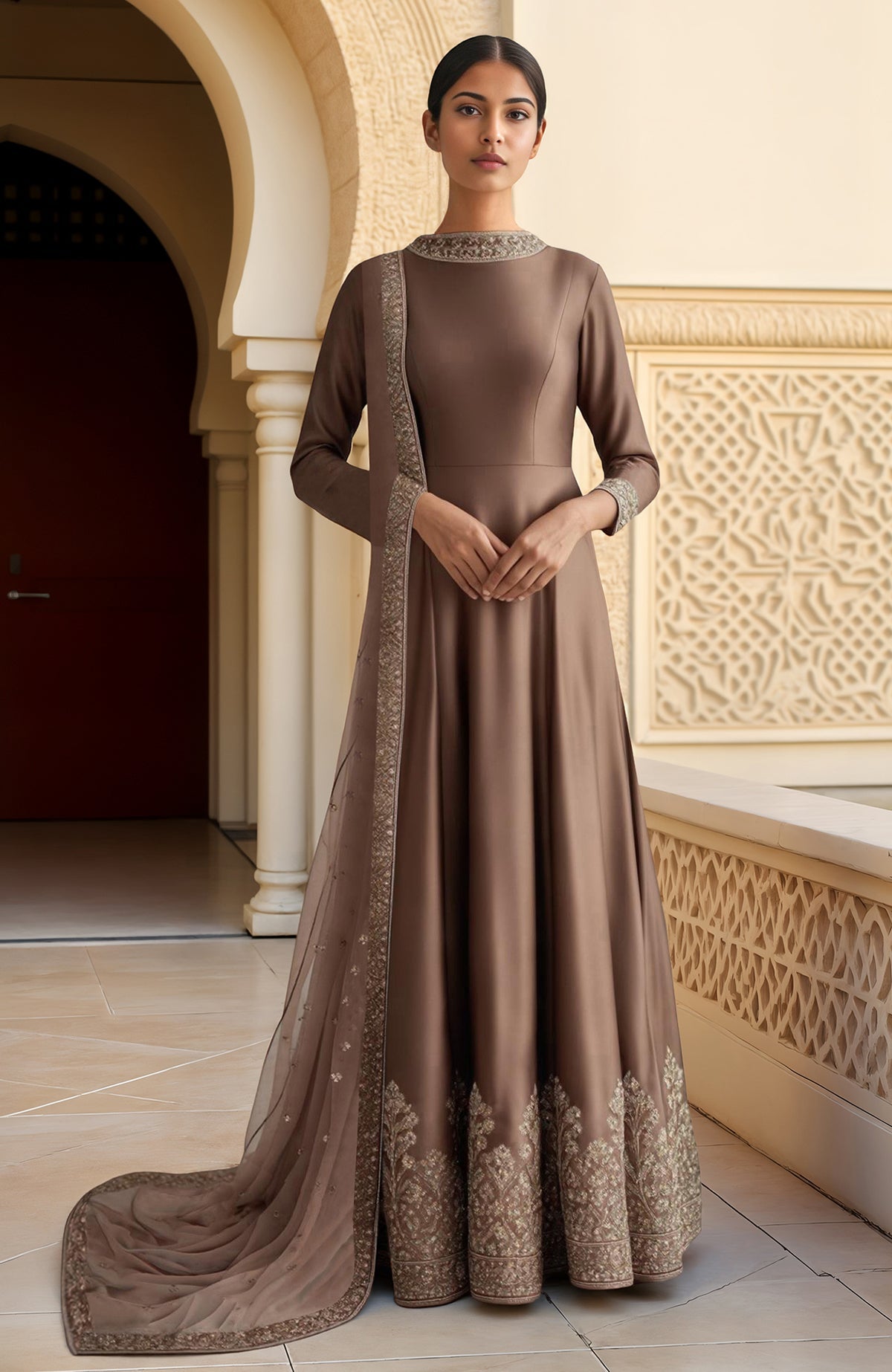 Dusty lilac Anarkali set with Resham zari and sequin embroidery and sheer embroidered dupatta.