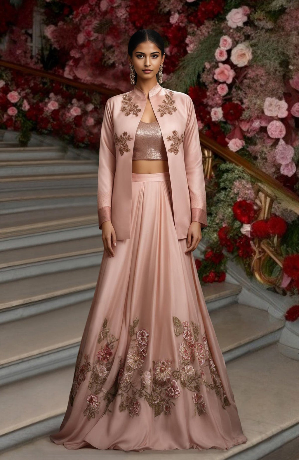 Blush pink embroidered skirt set with crop top blouse and long open-front jacket