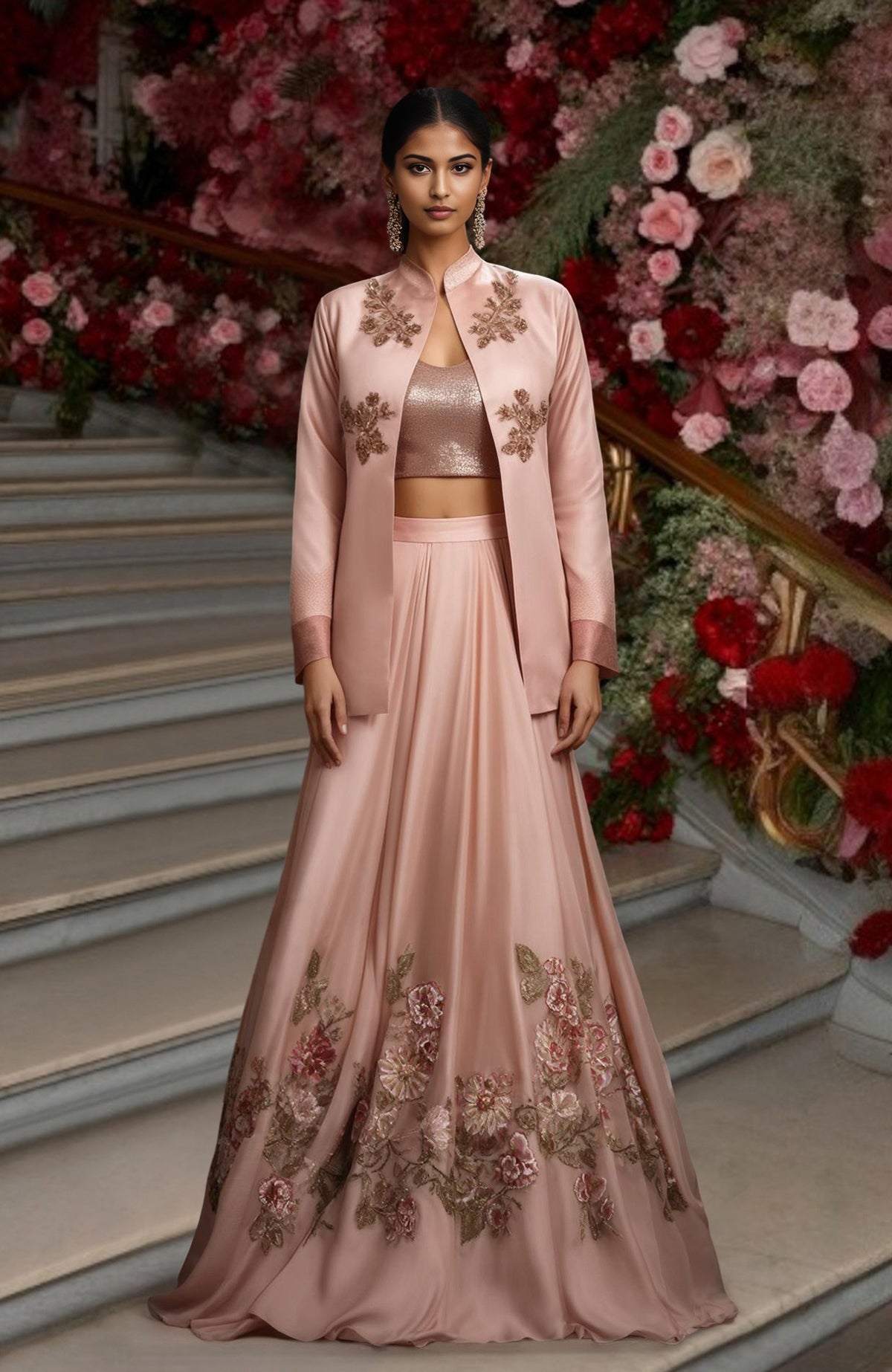 Blush pink embroidered skirt set with crop top blouse and long open-front jacket
