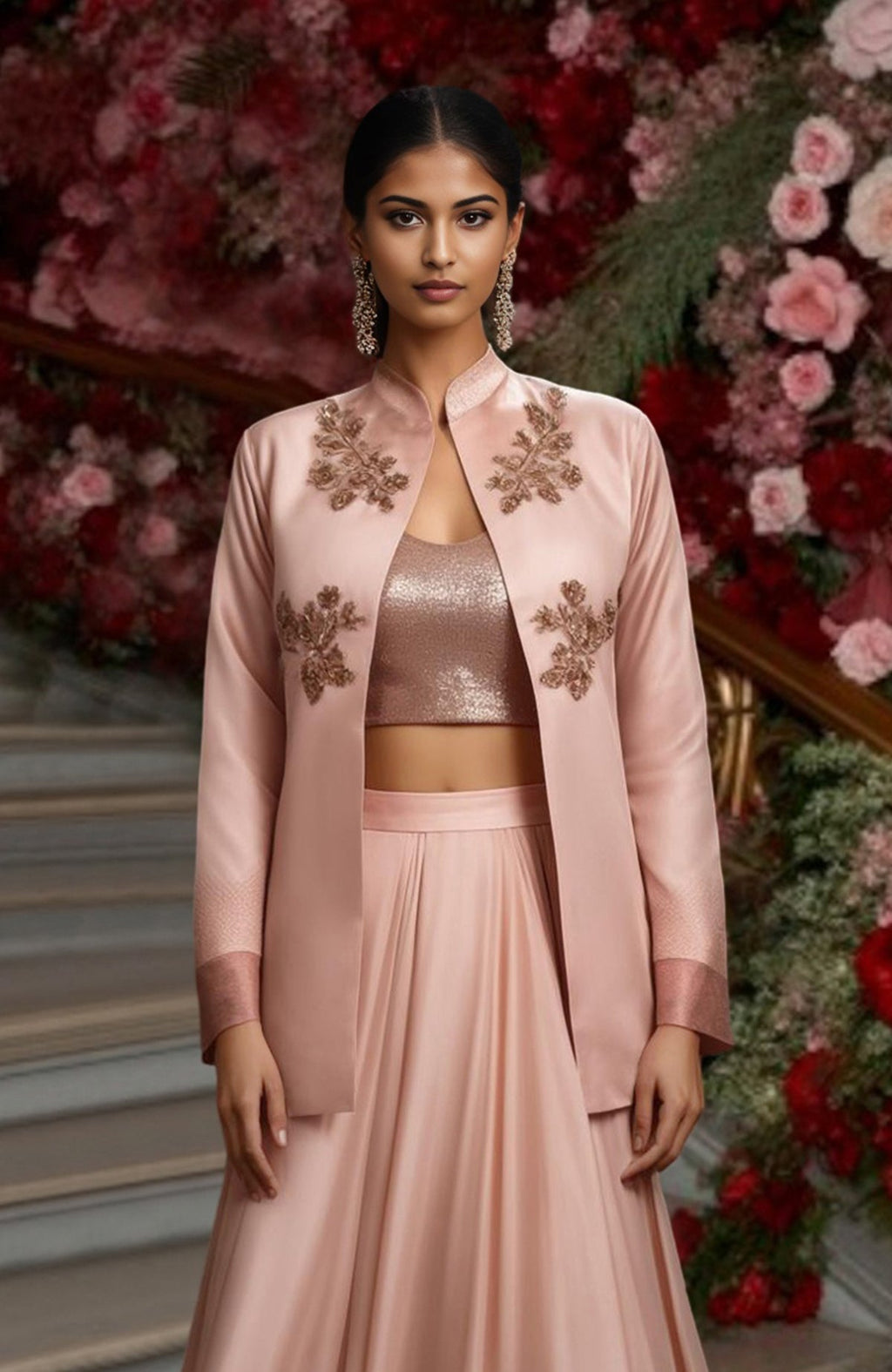 Blush pink embroidered lehenga skirt set with rose gold crop top and long open-front jacket