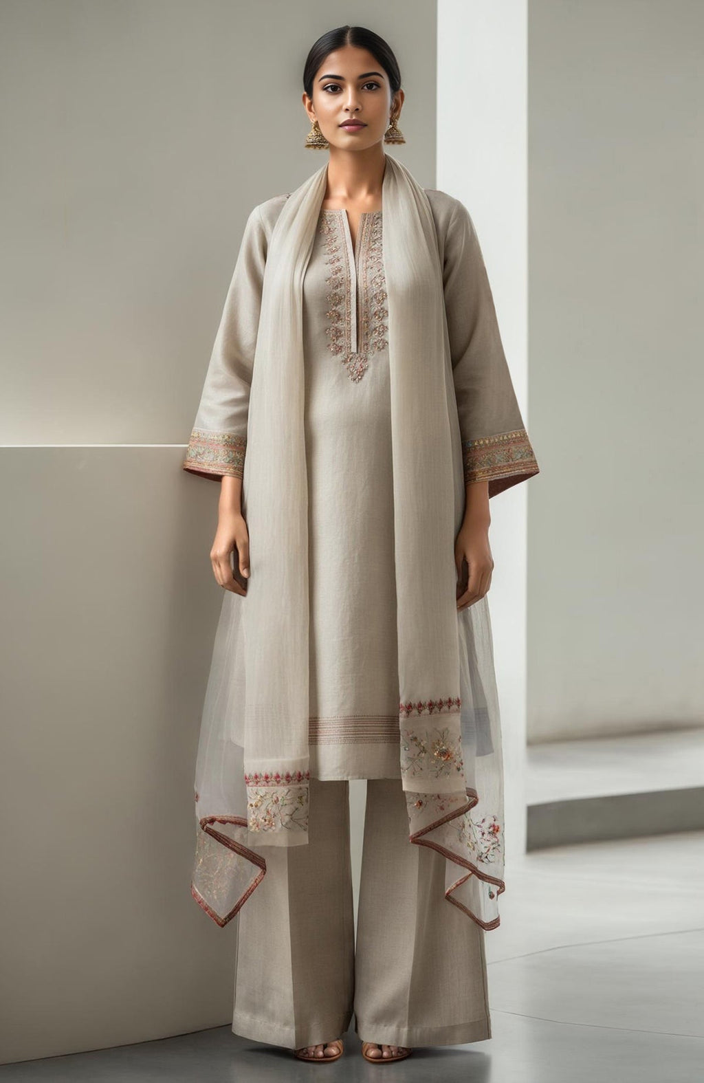 Ivory straight-cut kurta with embroidery, matching wide-leg trousers, and sheer dupatta with floral motifs.