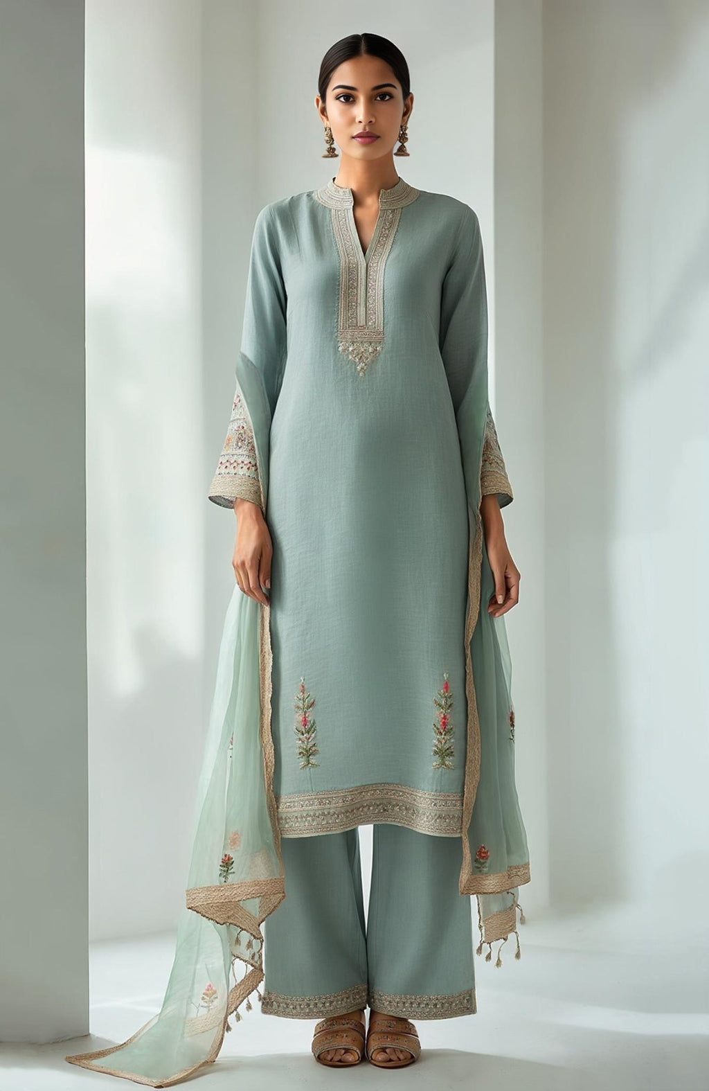 Eucalyptus green straight kurta with floral embroidery paired with wide-leg trousers and sheer dupatta