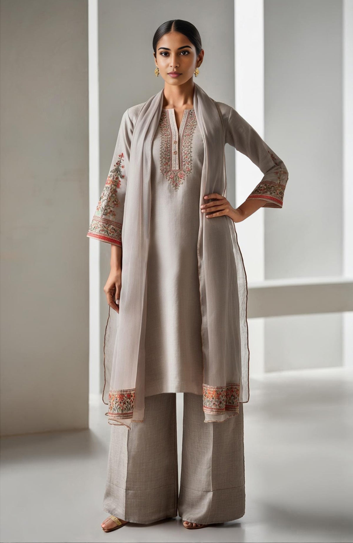 Taupe beige straight kurta with embroidery, wide-leg trousers, and sheer organza dupatta.