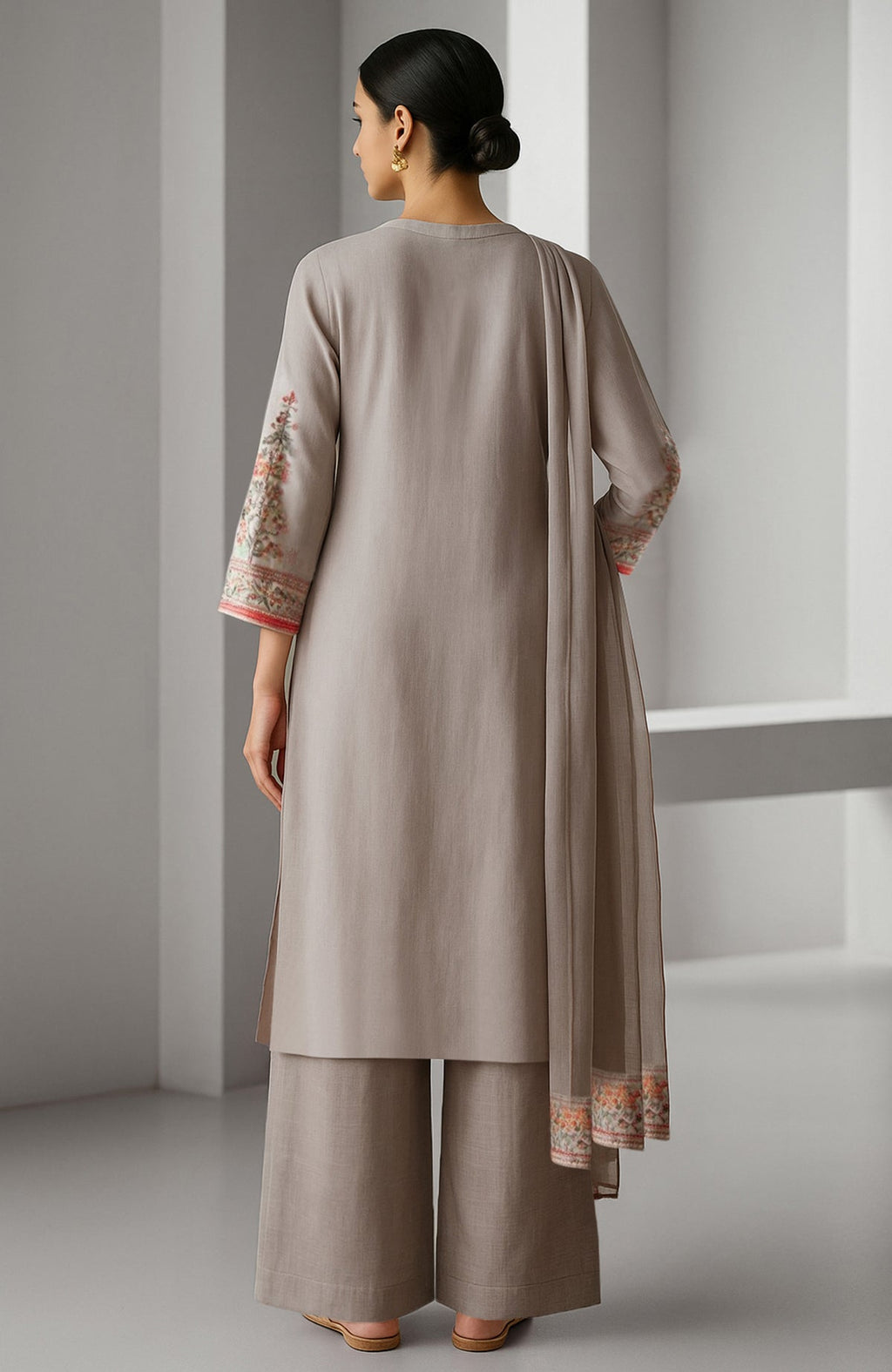 Taupe beige straight kurta with embroidery, wide-leg trousers, and sheer organza dupatta.