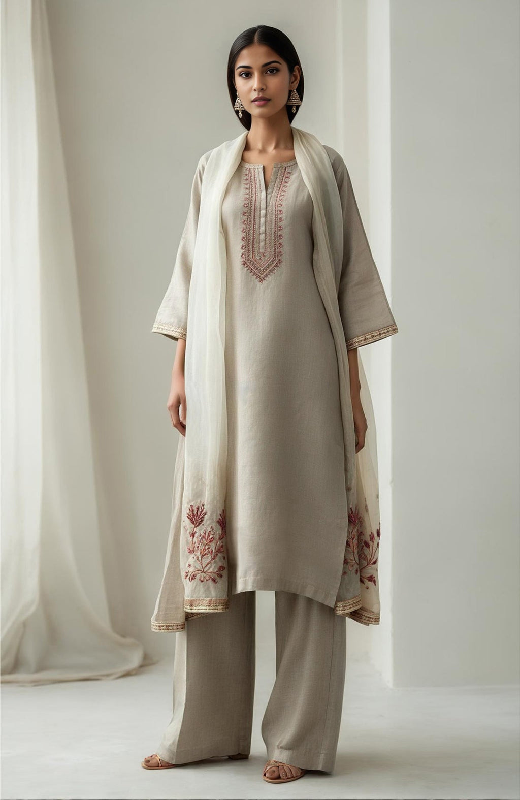 Ivory straight-cut kurta with embroidery, wide-leg trousers, and sheer organza dupatta with floral details
