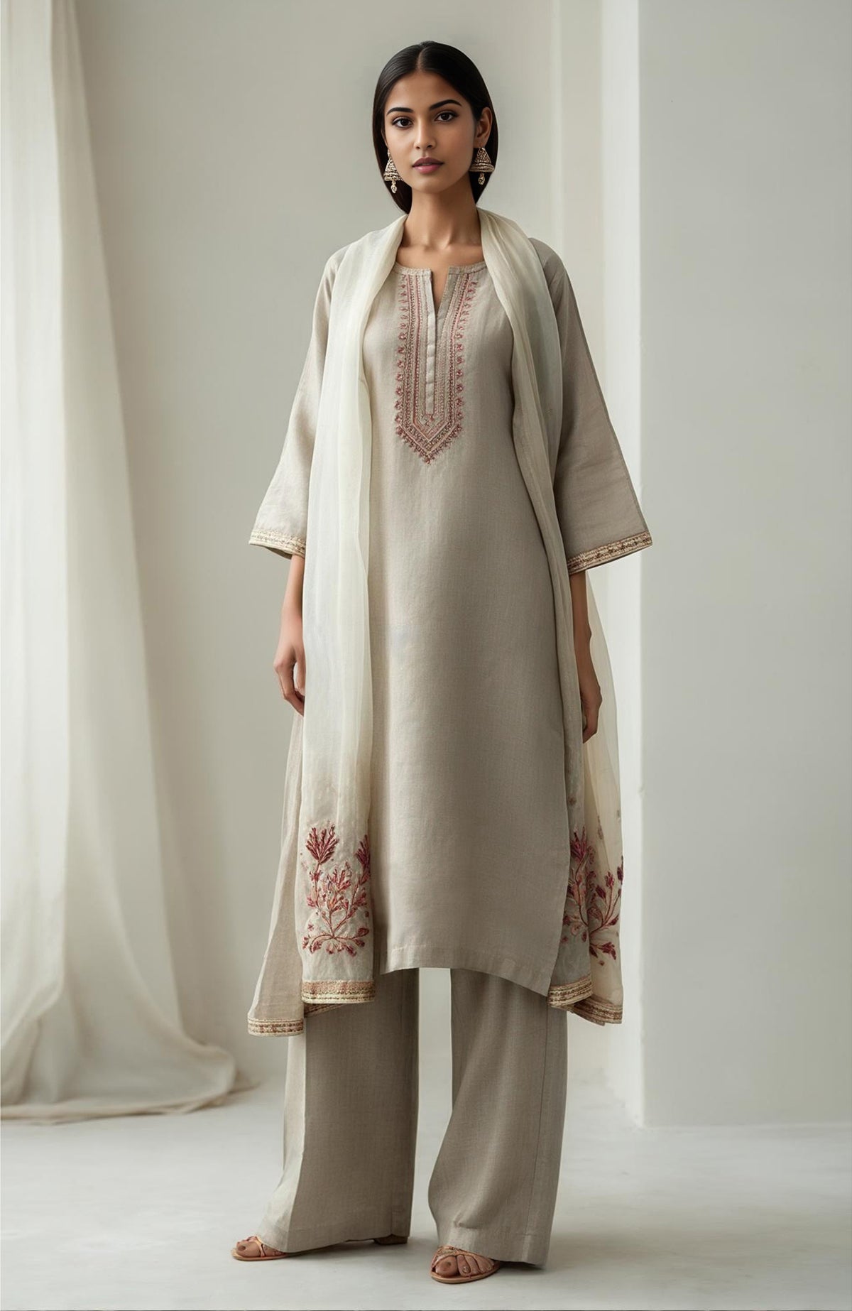 Ivory straight-cut kurta with embroidery, wide-leg trousers, and sheer organza dupatta with floral details