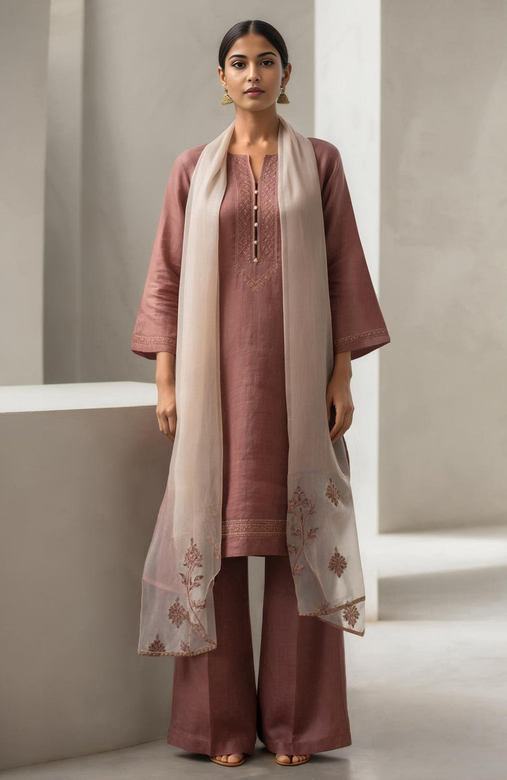 Muted rosewood straight kurta with embroidery, wide-leg trousers, and sheer organza dupatta.