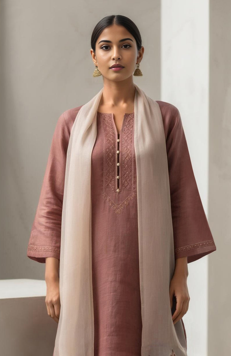 Muted rosewood straight kurta with embroidery, wide-leg trousers, and sheer organza dupatta.