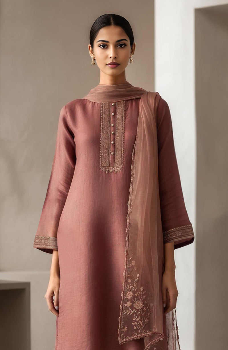 Muted rosewood straight kurta with embroidery, wide-leg trousers, and sheer organza dupatta.