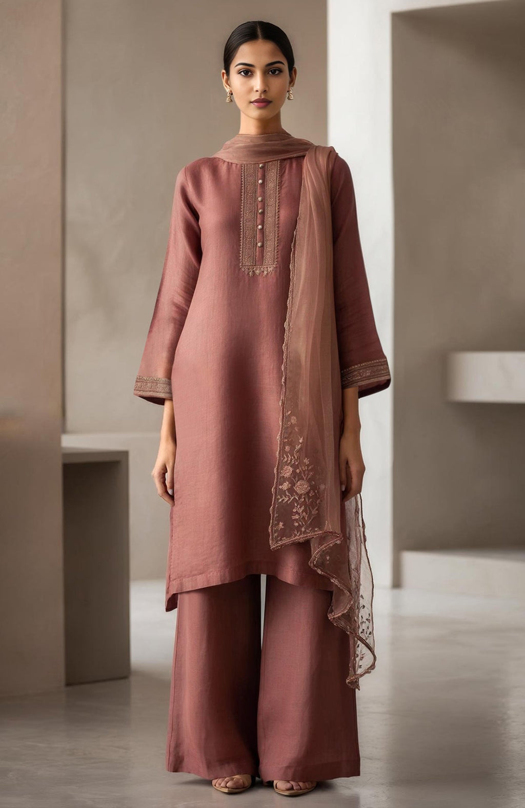 Muted rosewood straight kurta with embroidery, wide-leg trousers, and sheer organza dupatta.