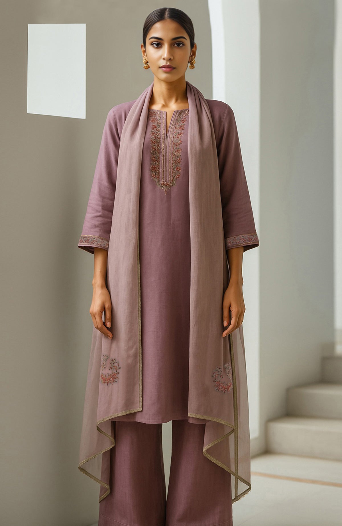 Powdered indigo straight kurta with embroidery, wide-leg trousers, and sheer dupatta with floral accents.