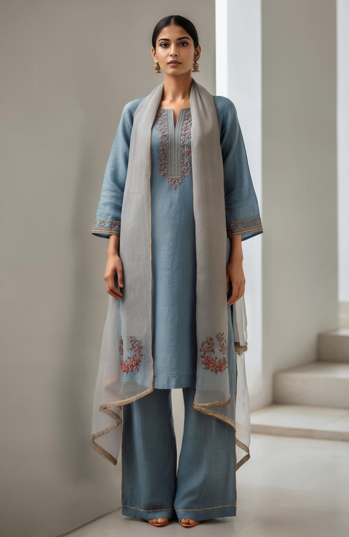 Powdered indigo straight kurta with embroidery, wide-leg trousers, and sheer organza dupatta.
