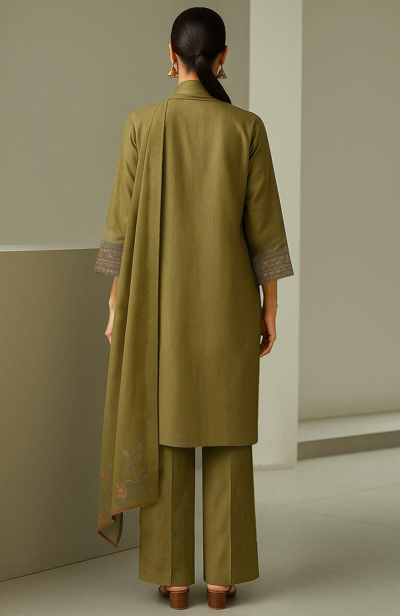 Olive straight-cut kurta with embroidery, wide-leg trousers, and sheer organza dupatta with floral border