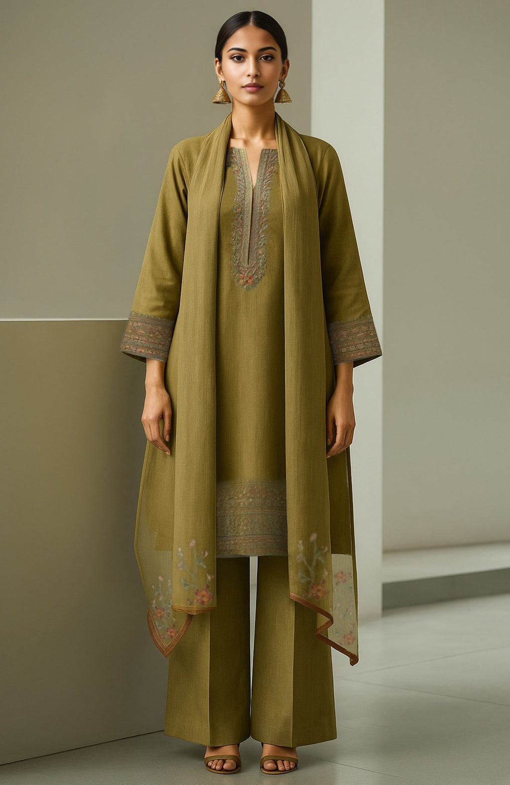 Powdered indigo straight kurta with embroidery, wide-leg trousers, and sheer organza dupatta.