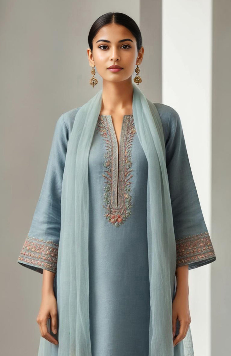 Powdered indigo kurta with embroidery, wide-leg trousers, and sheer organza dupatta with floral border.